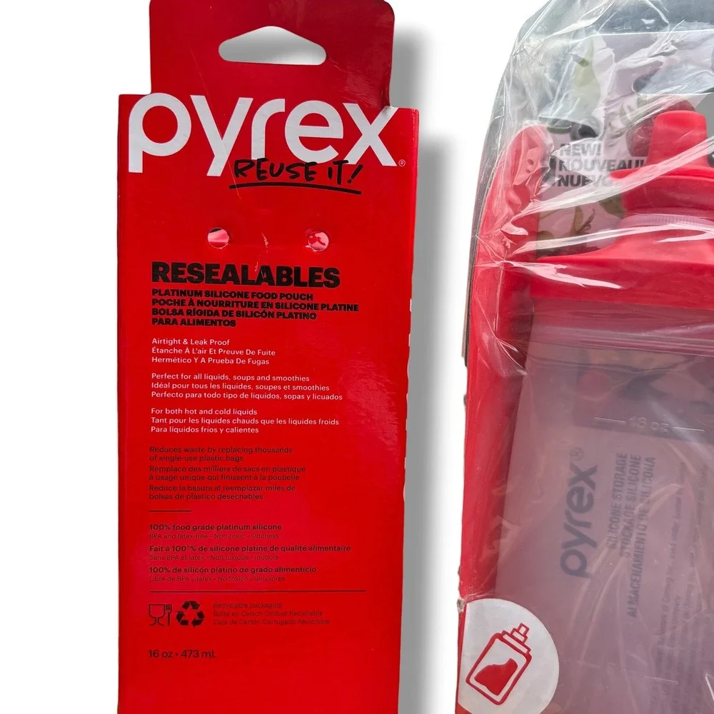Pyrex Reuse It Resealables 16oz Platinum Silicone Food Pouch Red Set of 2 NEW